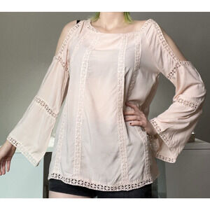 Luna Moon Top Medium Cold Shoulder Long Sleeve Crochet Pink Boho Beach Blouse